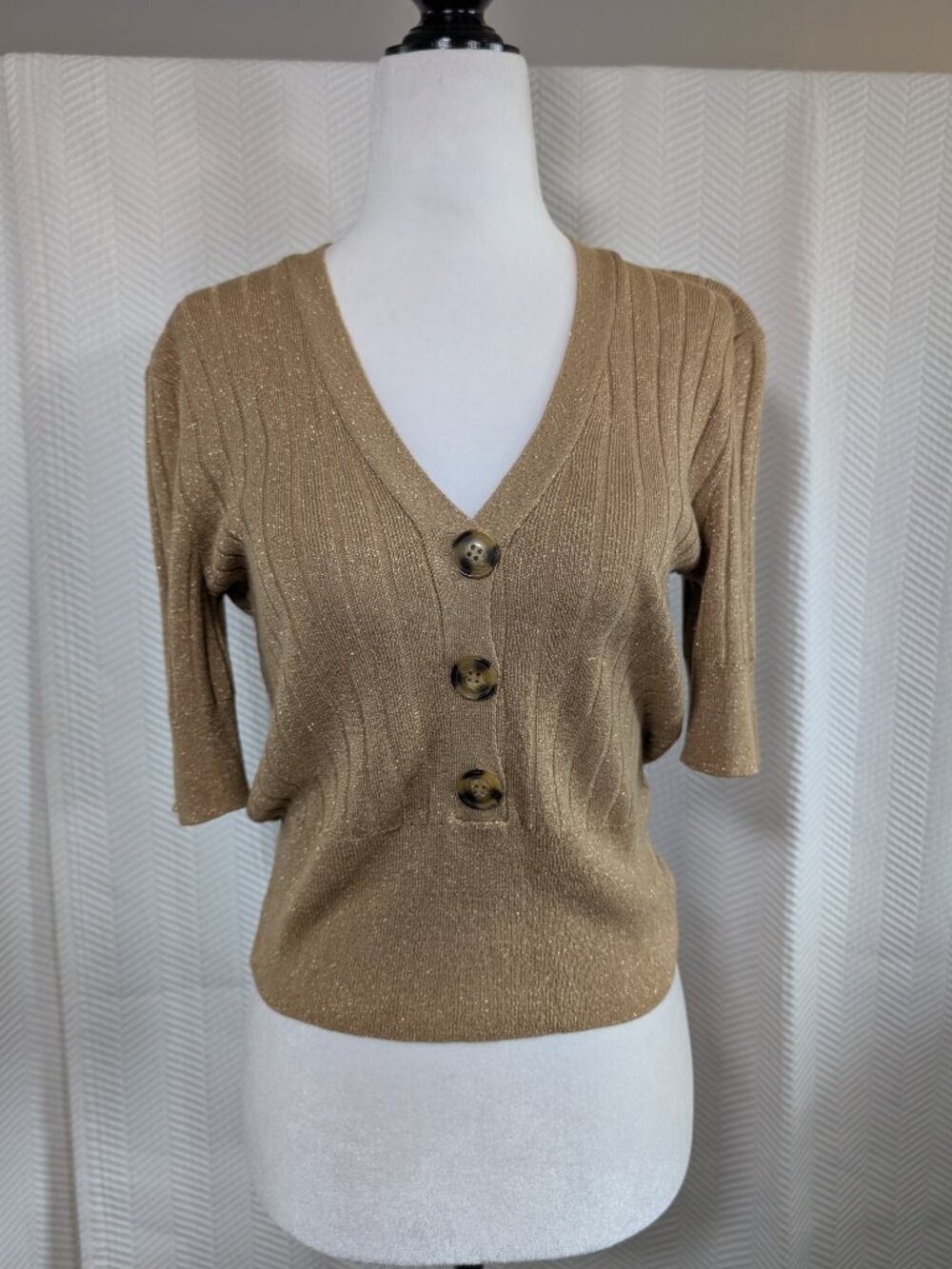 Mango Ribbed Knit Gold Metallic Top Medium Quiet Luxury Minimalist Clean Girl